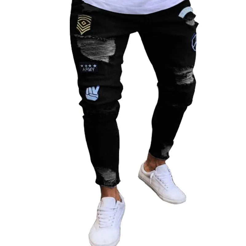 Vaqueros Slim Fit Deslavados con Rotos en las Rodillas / Jeans Ajustados Estilo Destruido Callejero