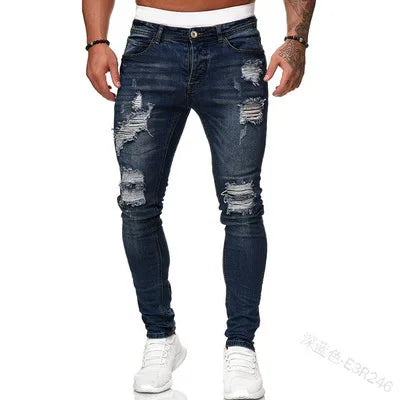 Vaqueros Slim Fit Deslavados con Rotos en las Rodillas / Jeans Ajustados Estilo Destruido Callejero
