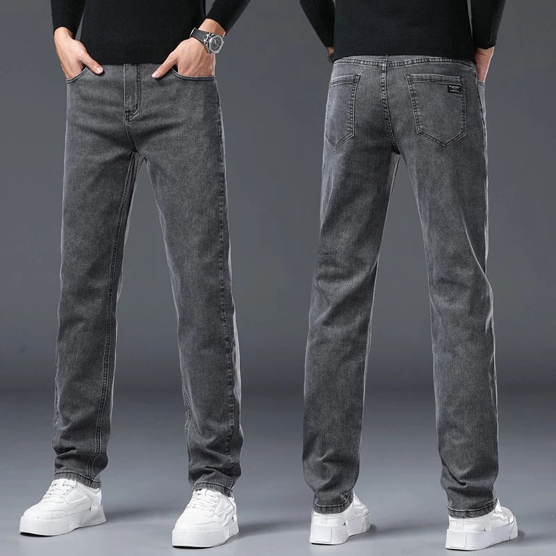 Vaqueros Rectos Elásticos de Algodón Confort / Jeans Básicos de Cintura Ajustable para Hombre