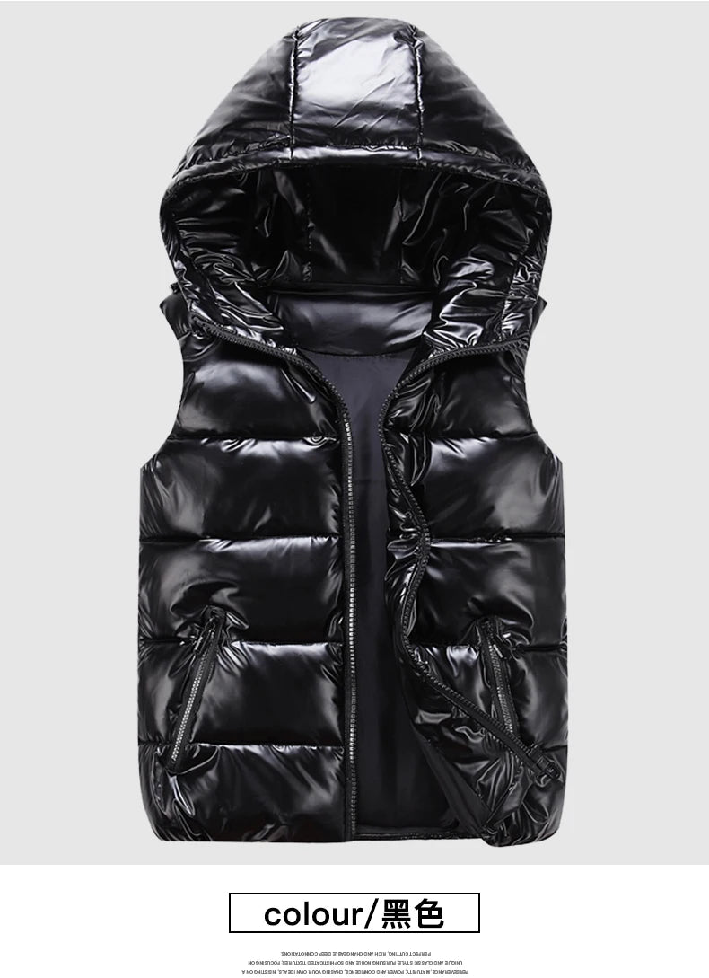 Chaleco Acolchado Puffer con Acabado Brillante y Capucha / Chaleco Urbano Negro Brillante de Invierno