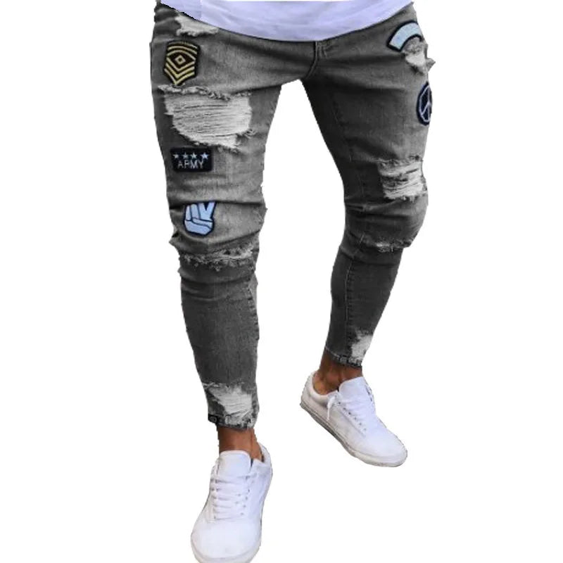 Vaqueros Slim Fit Deslavados con Rotos en las Rodillas / Jeans Ajustados Estilo Destruido Callejero