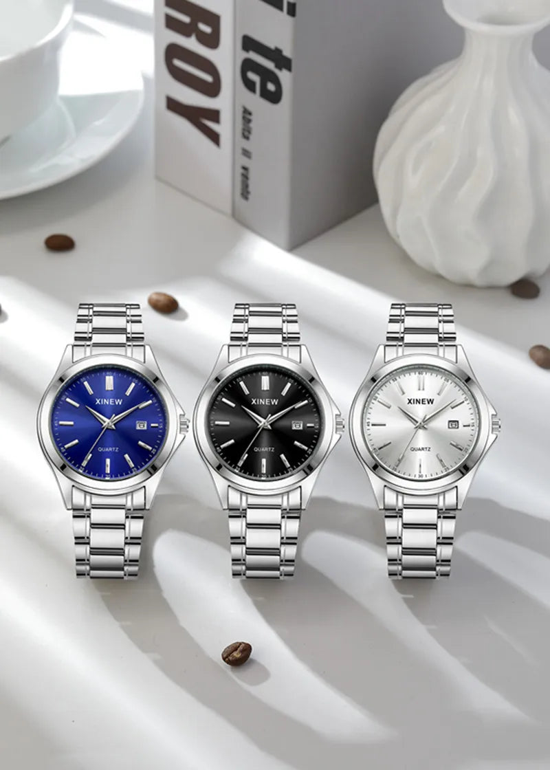 Reloj Analógico de Acero Inoxidable con Esfera Azul / Reloj Metálico Clásico para Hombre