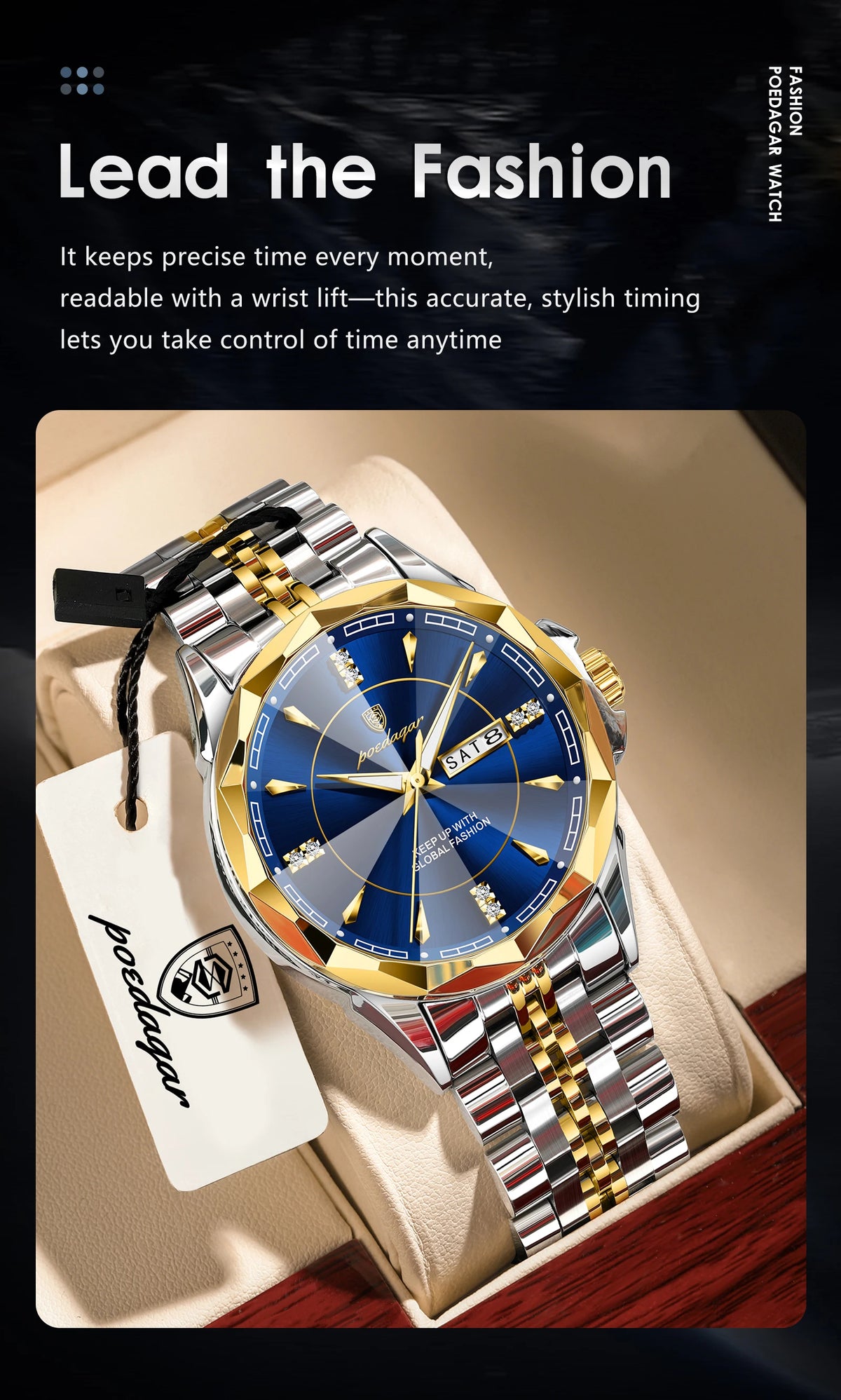 Reloj Analógico de Acero Inoxidable con Cristal Facetado / Reloj de Vestir con Esfera de Contraste Geométrico