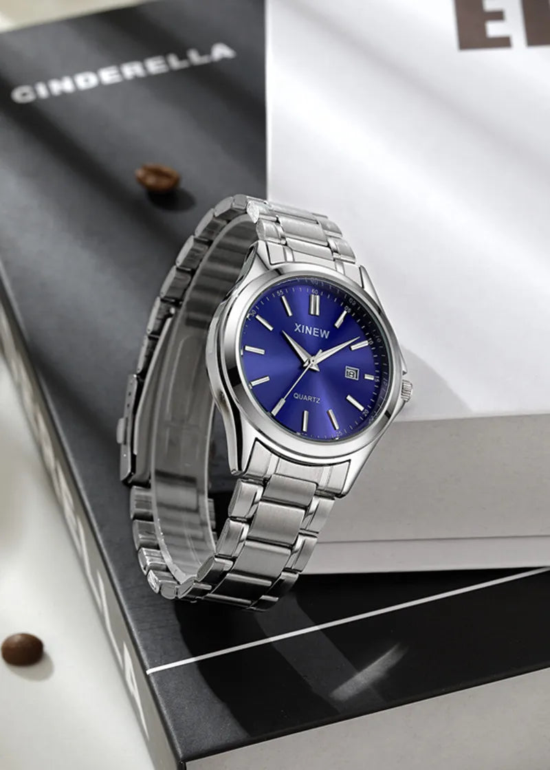 Reloj Analógico de Acero Inoxidable con Esfera Azul / Reloj Metálico Clásico para Hombre