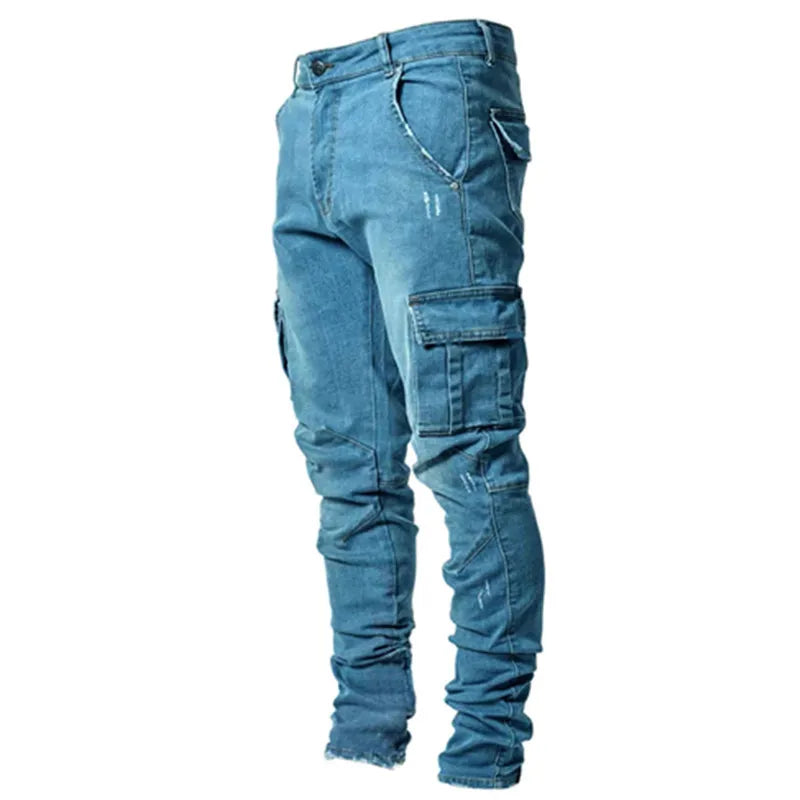 Vaqueros Elásticos Tipo Cargo con Bolsillos Laterales / Jeans Slim Fit con Diseño Cargo para Hombre