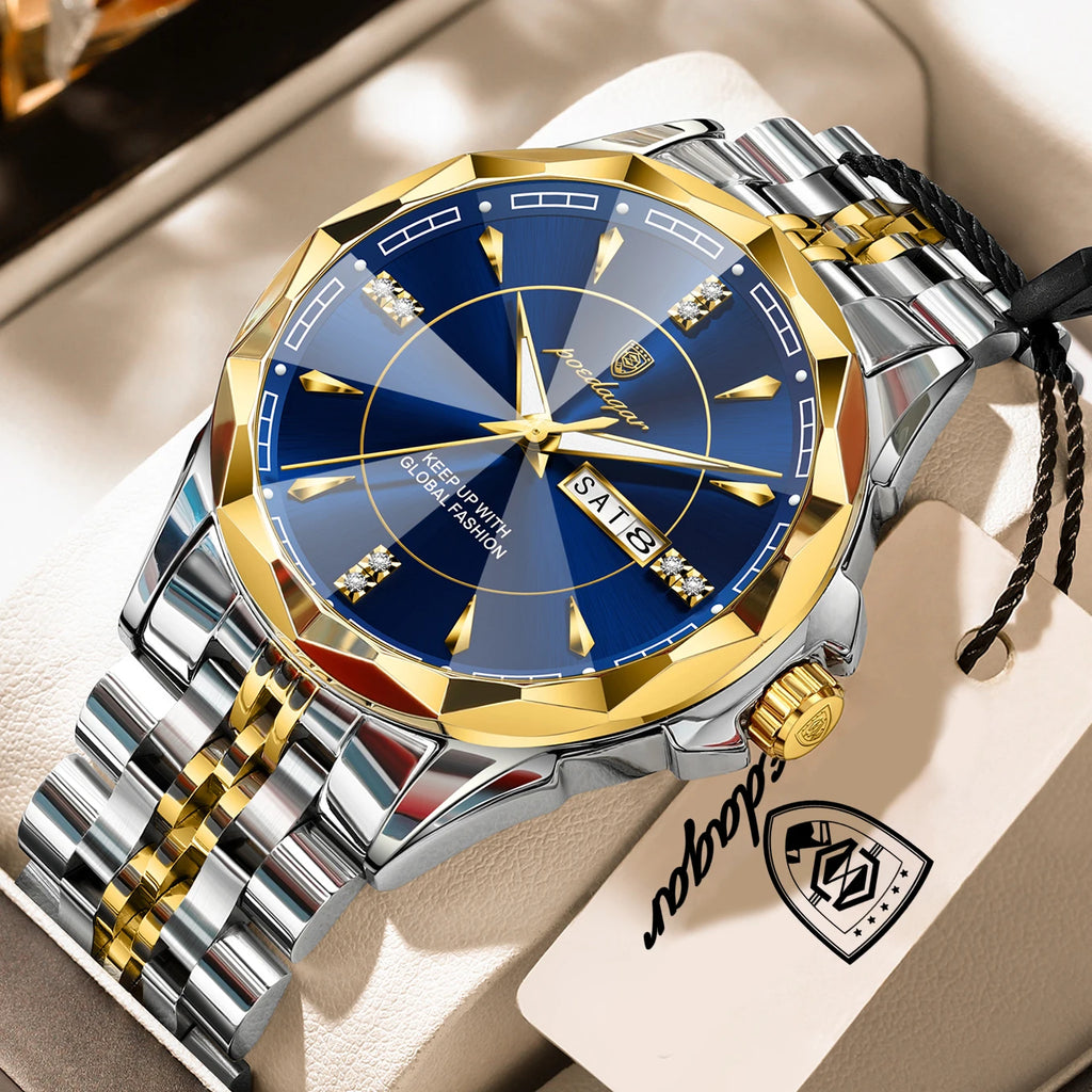 Reloj Analógico de Acero Inoxidable con Cristal Facetado / Reloj de Vestir con Esfera de Contraste Geométrico