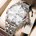 Reloj Analógico de Acero Inoxidable con Cristal Facetado / Reloj de Vestir con Esfera de Contraste Geométrico