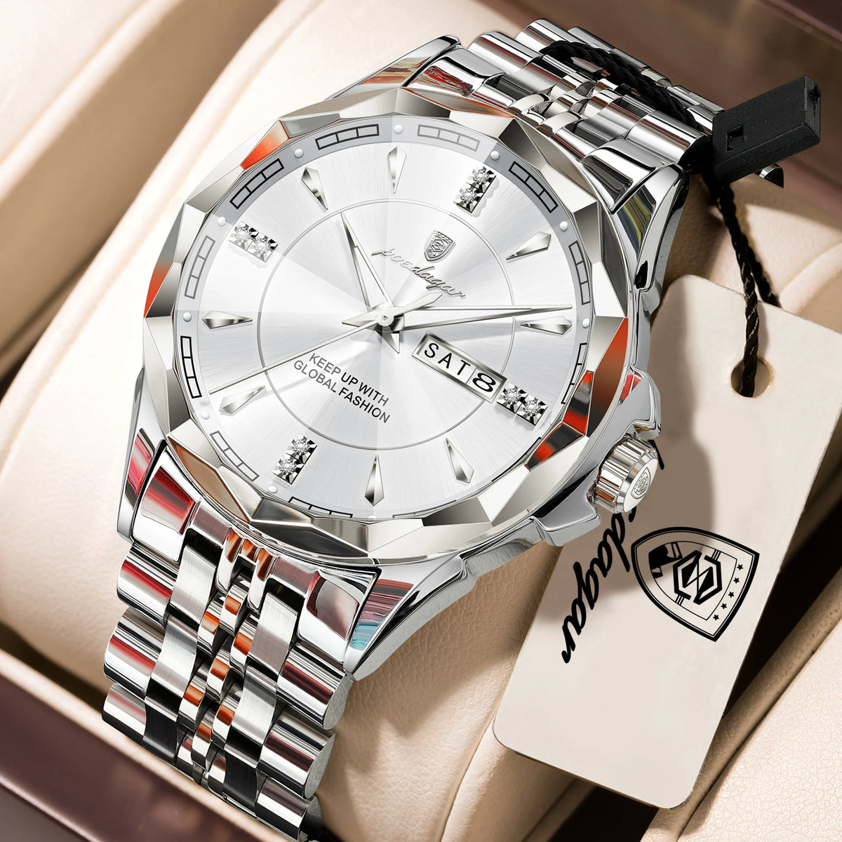 Reloj Analógico de Acero Inoxidable con Cristal Facetado / Reloj de Vestir con Esfera de Contraste Geométrico