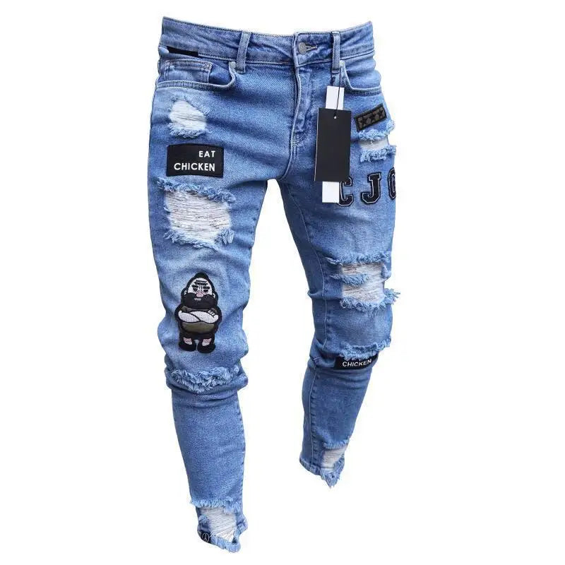 Vaqueros Slim Fit Deslavados con Rotos en las Rodillas / Jeans Ajustados Estilo Destruido Callejero