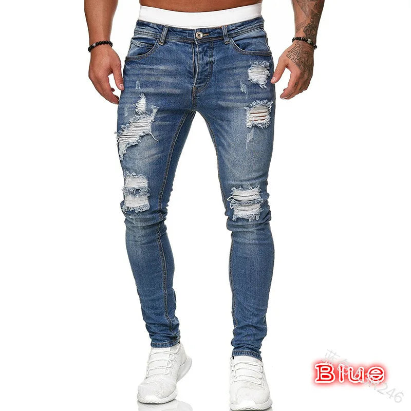Vaqueros Slim Fit Deslavados con Rotos en las Rodillas / Jeans Ajustados Estilo Destruido Callejero
