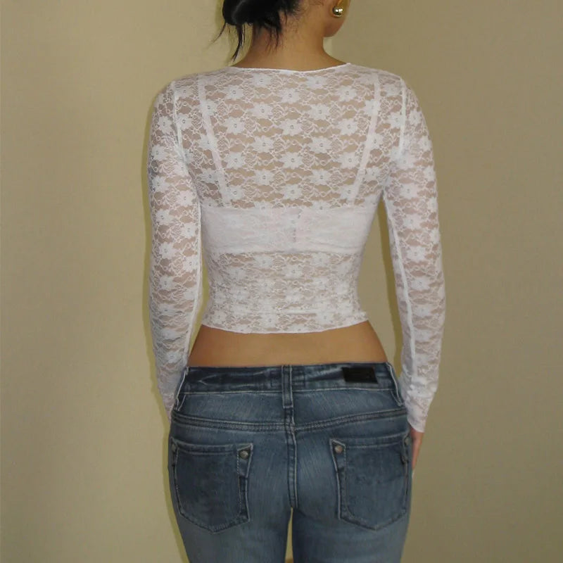 Camiseta de Encaje Transparente con Manga Larga para Mujer