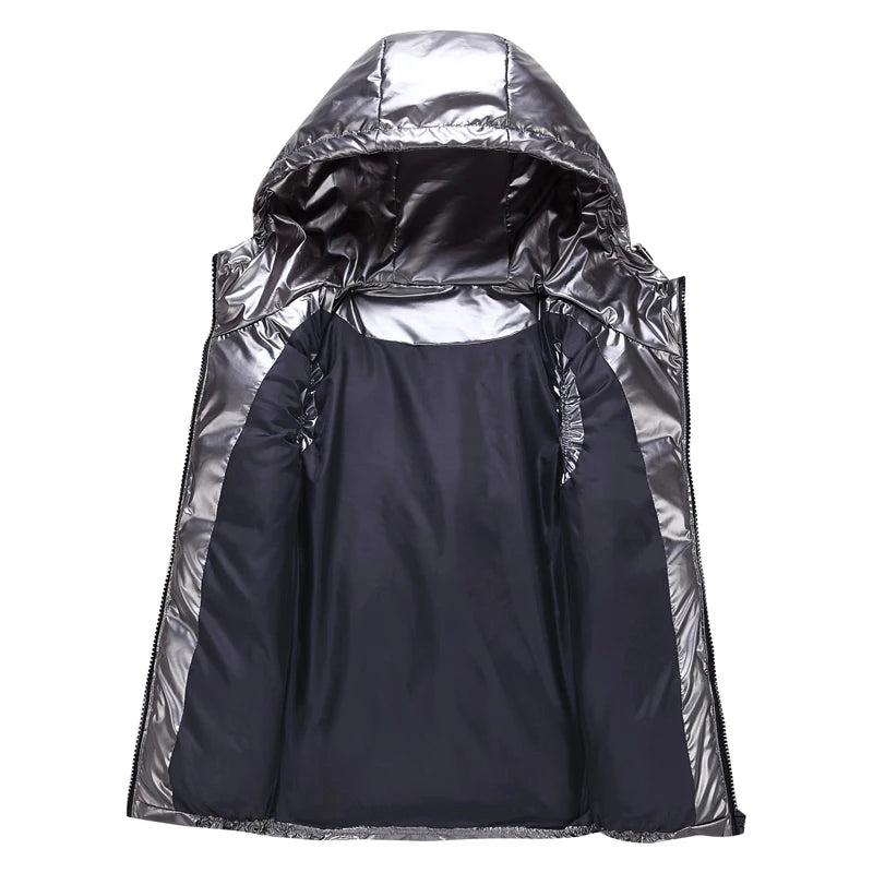 Chaleco Acolchado Puffer con Acabado Brillante y Capucha / Chaleco Urbano Negro Brillante de Invierno