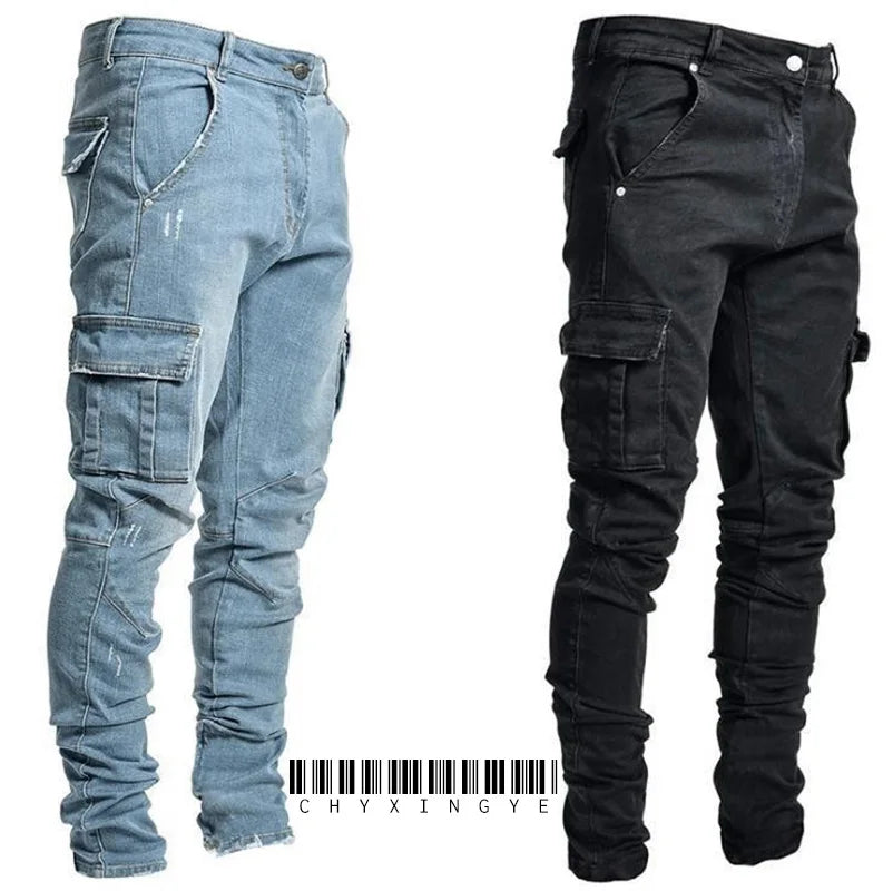 Vaqueros Elásticos Tipo Cargo con Bolsillos Laterales / Jeans Slim Fit con Diseño Cargo para Hombre