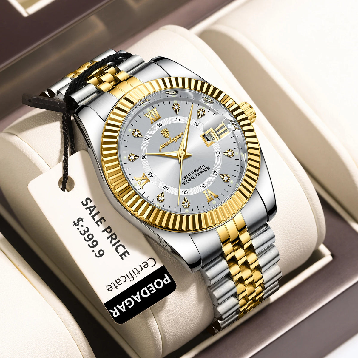 Reloj de Pulsera Clásico con Bisel Estriado / Reloj Formal de Acero para hombre