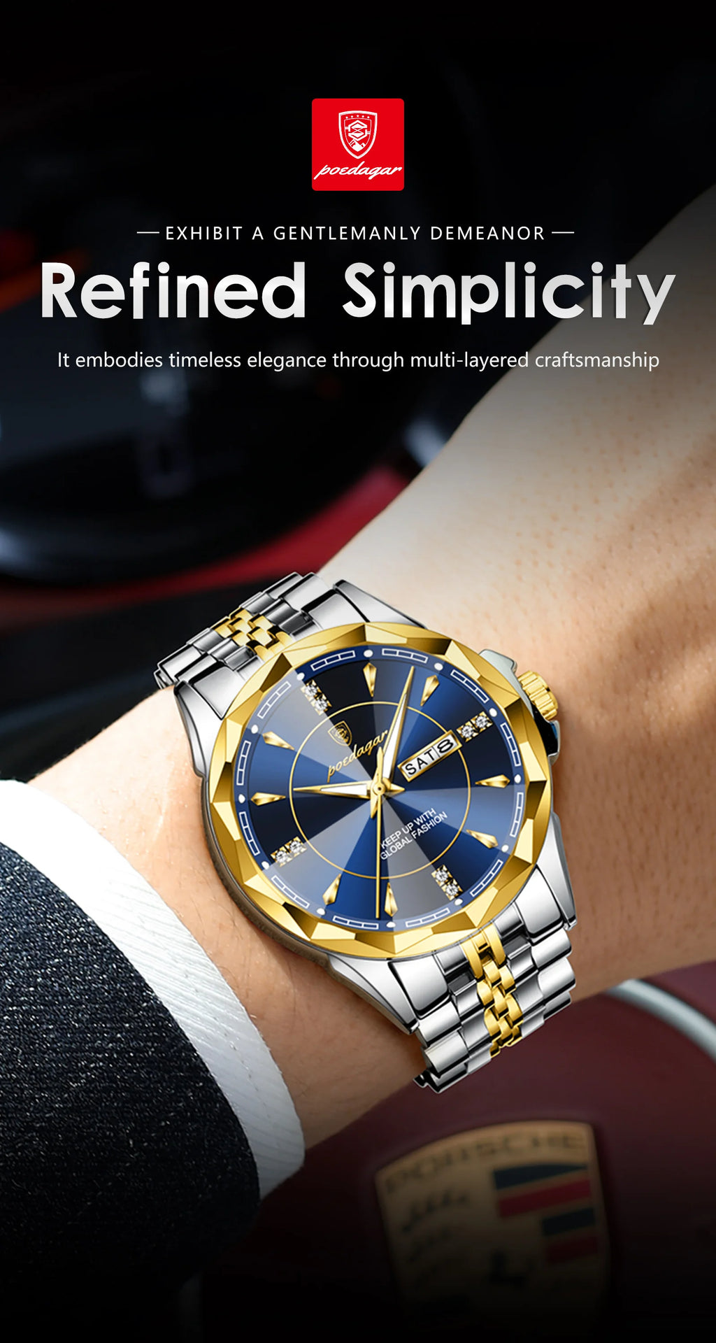 Reloj Analógico de Acero Inoxidable con Cristal Facetado / Reloj de Vestir con Esfera de Contraste Geométrico