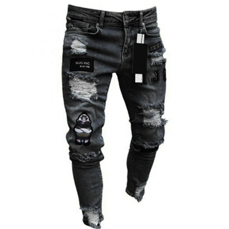 Vaqueros Slim Fit Deslavados con Rotos en las Rodillas / Jeans Ajustados Estilo Destruido Callejero