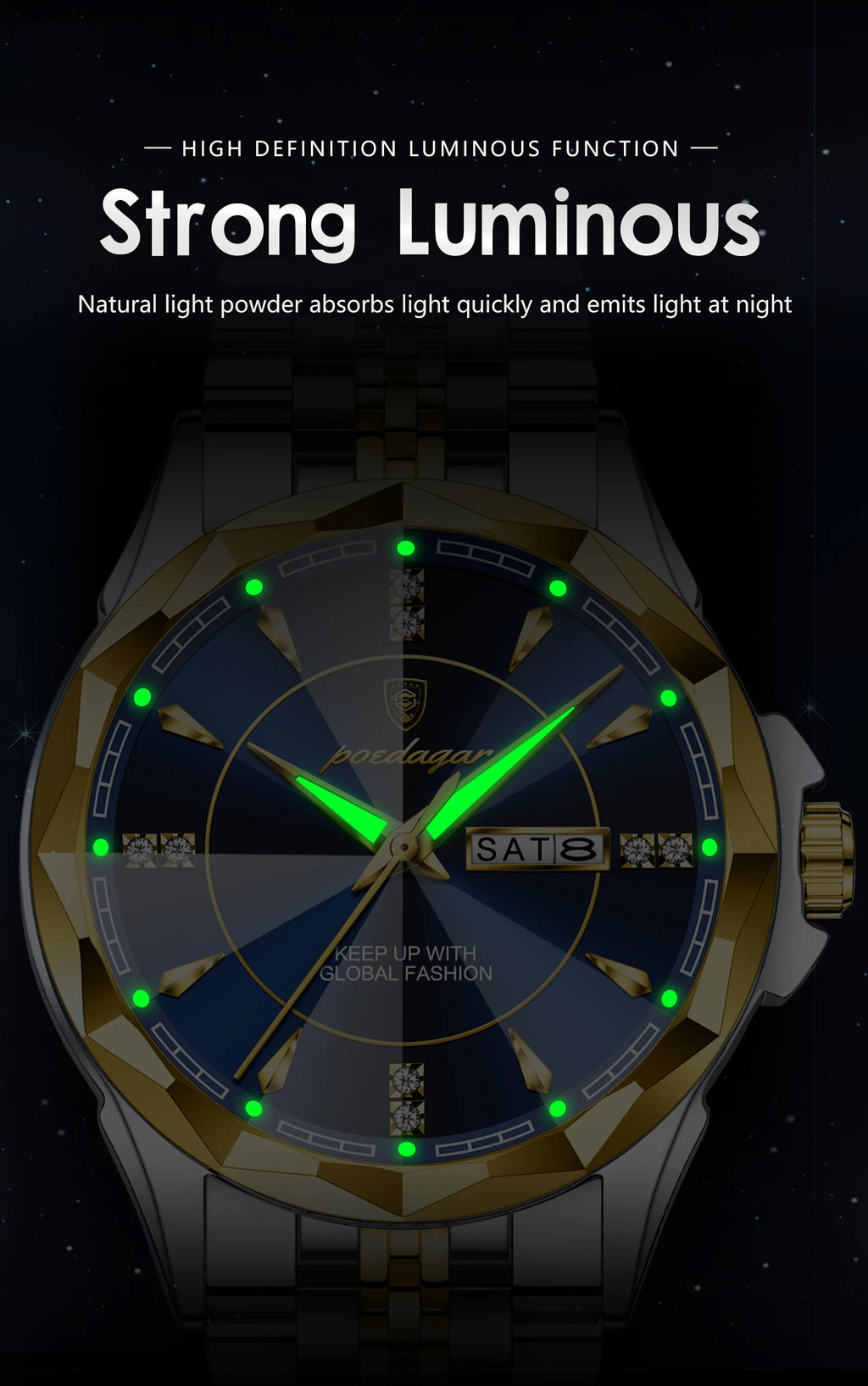 Reloj Analógico de Acero Inoxidable con Cristal Facetado / Reloj de Vestir con Esfera de Contraste Geométrico