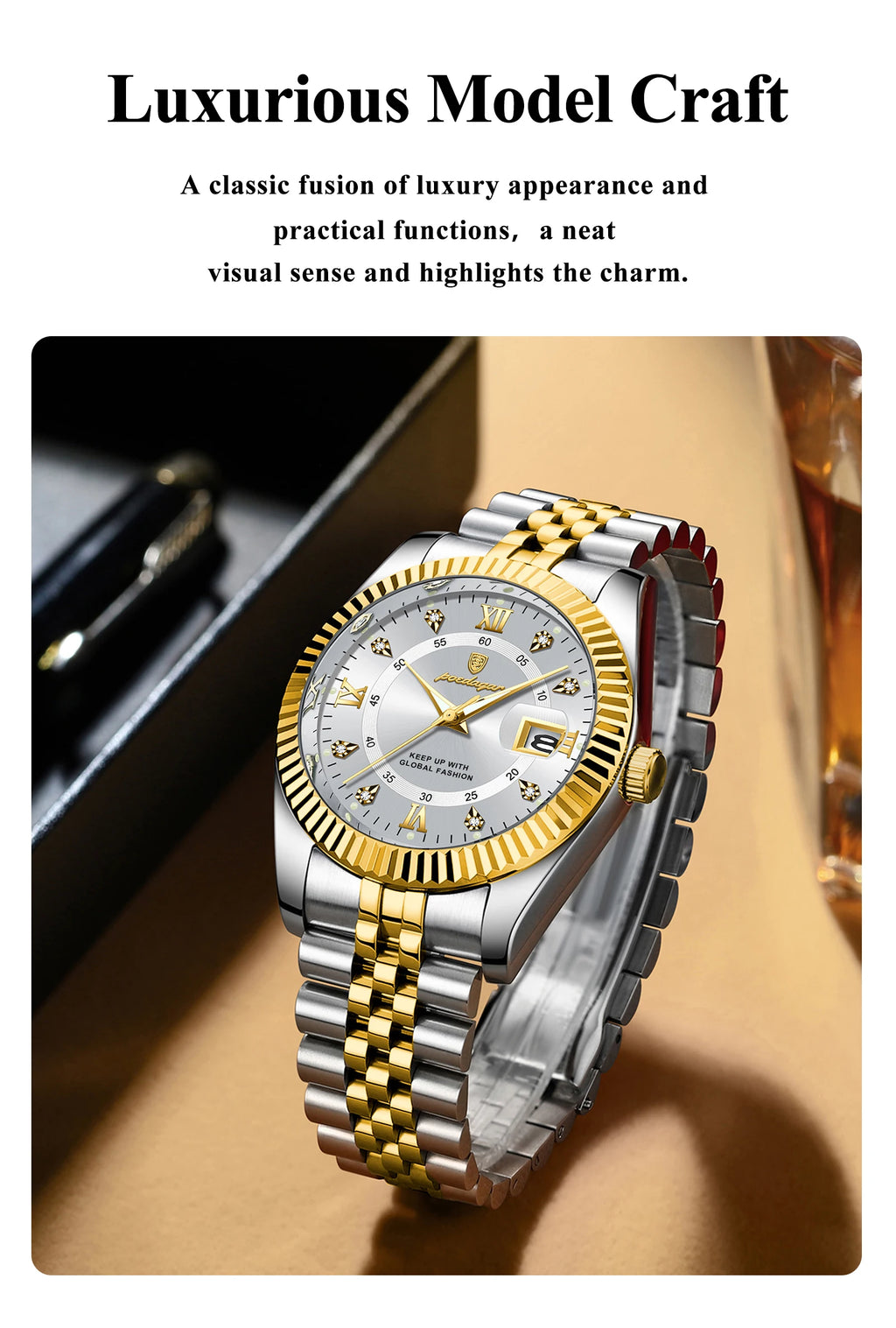 Reloj de Pulsera Clásico con Bisel Estriado / Reloj Formal de Acero para hombre