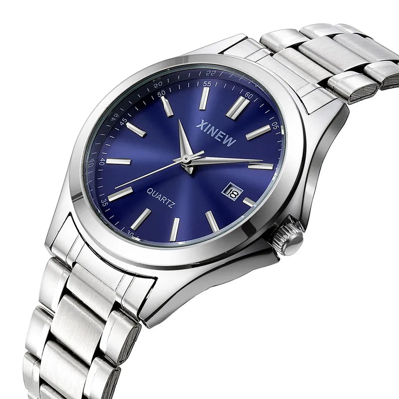 Reloj Analógico de Acero Inoxidable con Esfera Azul / Reloj Metálico Clásico para Hombre