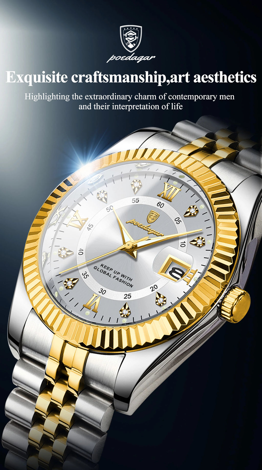 Reloj de Pulsera Clásico con Bisel Estriado / Reloj Formal de Acero para hombre