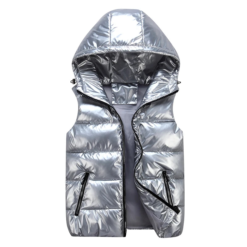 Chaleco Acolchado Puffer con Acabado Brillante y Capucha / Chaleco Urbano Negro Brillante de Invierno