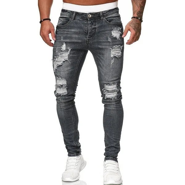 Vaqueros Slim Fit Deslavados con Rotos en las Rodillas / Jeans Ajustados Estilo Destruido Callejero