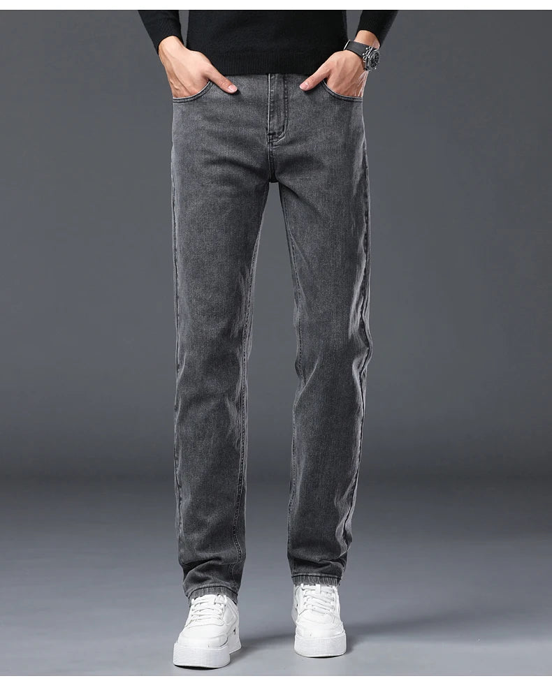 Vaqueros Rectos Elásticos de Algodón Confort / Jeans Básicos de Cintura Ajustable para Hombre