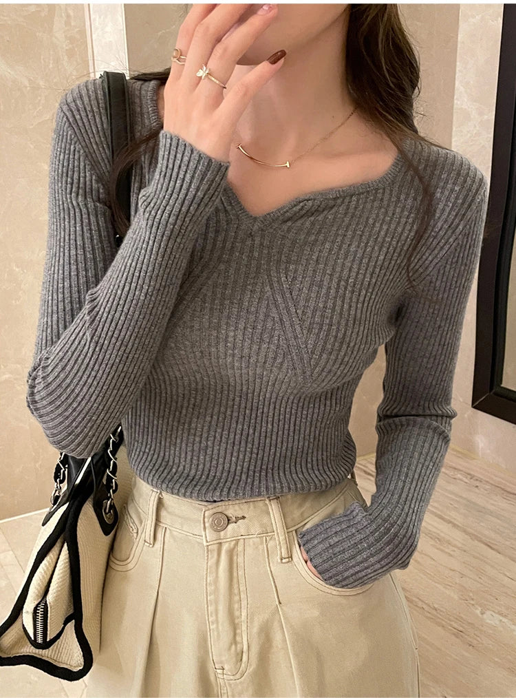 Top de Punto Acanalado con Cuello en V / Jersey Fino Ajustado de Manga Larga