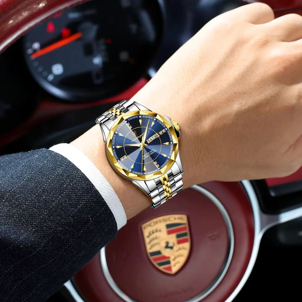 Reloj Analógico de Acero Inoxidable con Cristal Facetado / Reloj de Vestir con Esfera de Contraste Geométrico