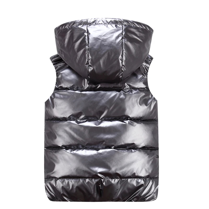 Chaleco Acolchado Puffer con Acabado Brillante y Capucha / Chaleco Urbano Negro Brillante de Invierno