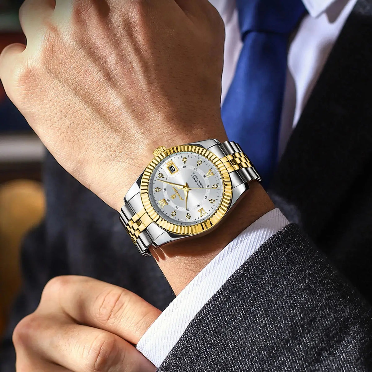 Reloj de Pulsera Clásico con Bisel Estriado / Reloj Formal de Acero para hombre