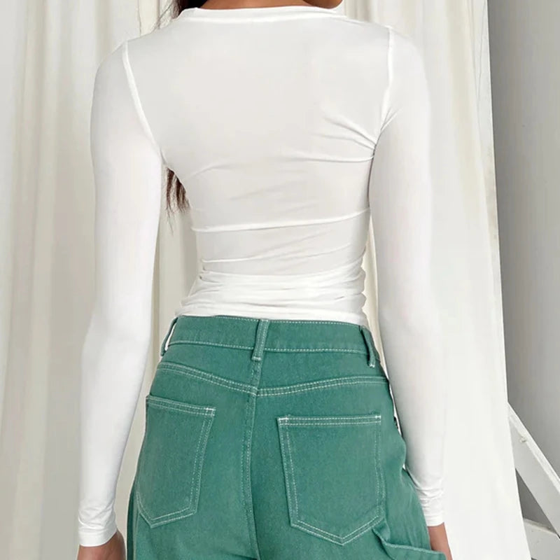 Camiseta Entallada Texturizada Manga Larga / Top Básico Elegante con Estilo