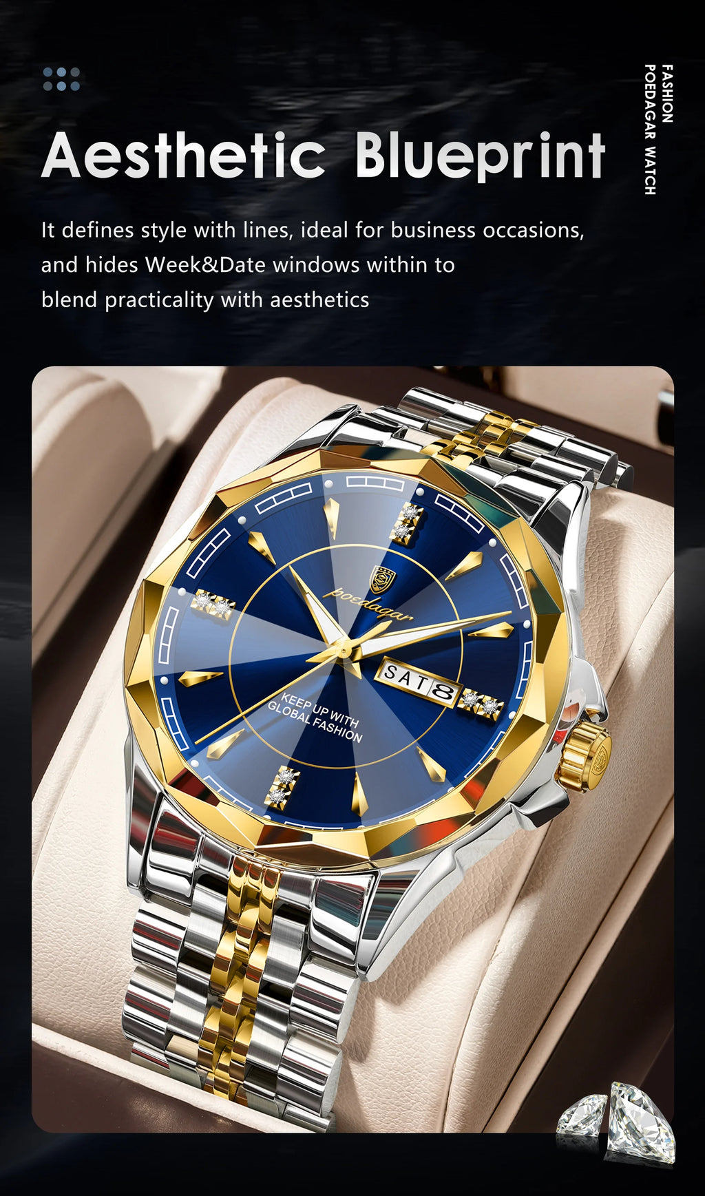 Reloj Analógico de Acero Inoxidable con Cristal Facetado / Reloj de Vestir con Esfera de Contraste Geométrico