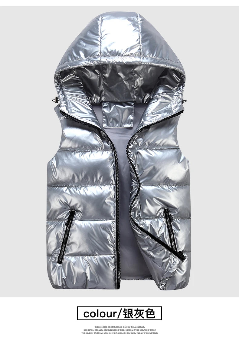 Chaleco Acolchado Puffer con Acabado Brillante y Capucha / Chaleco Urbano Negro Brillante de Invierno