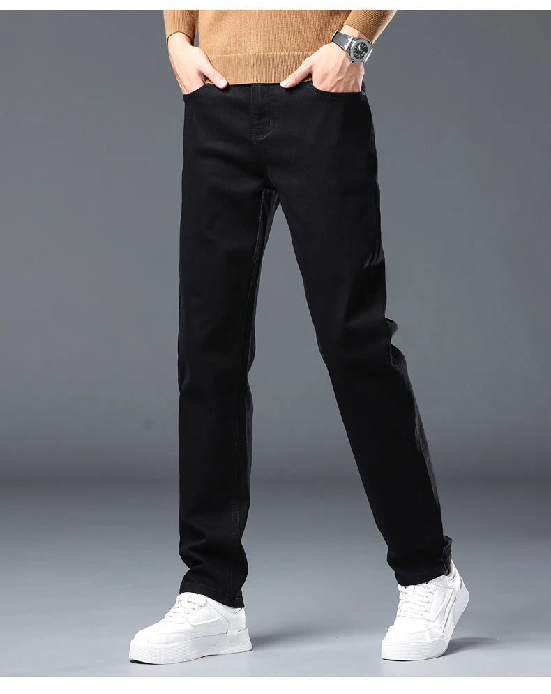 Vaqueros Rectos Elásticos de Algodón Confort / Jeans Básicos de Cintura Ajustable para Hombre