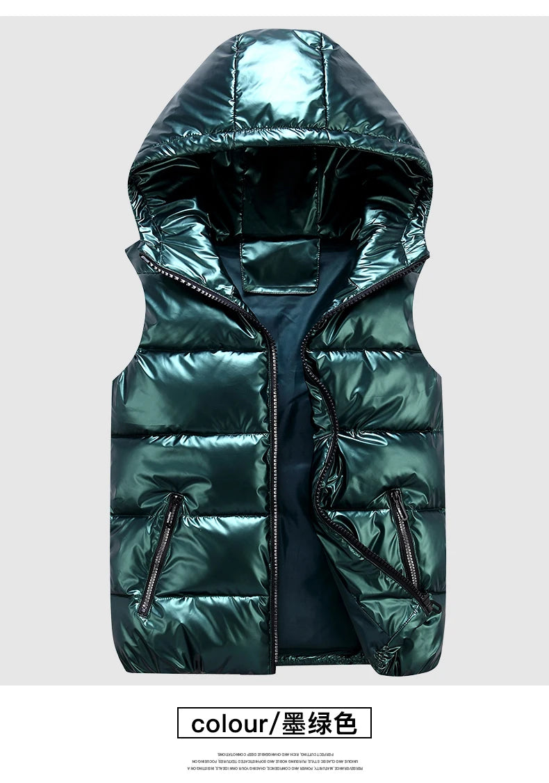 Chaleco Acolchado Puffer con Acabado Brillante y Capucha / Chaleco Urbano Negro Brillante de Invierno
