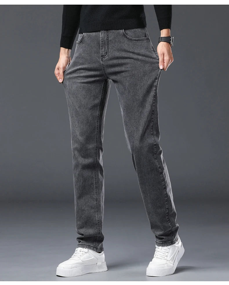 Vaqueros Rectos Elásticos de Algodón Confort / Jeans Básicos de Cintura Ajustable para Hombre