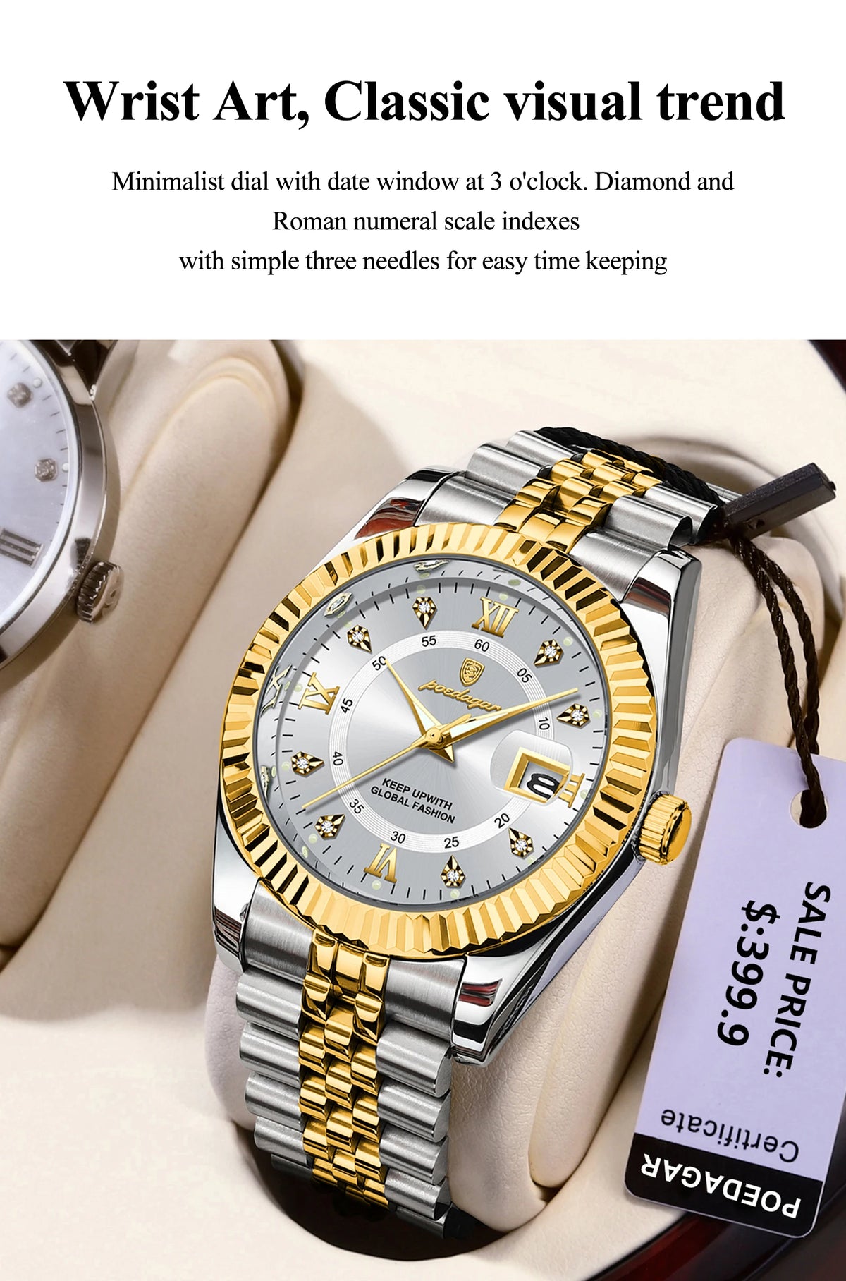 Reloj de Pulsera Clásico con Bisel Estriado / Reloj Formal de Acero para hombre