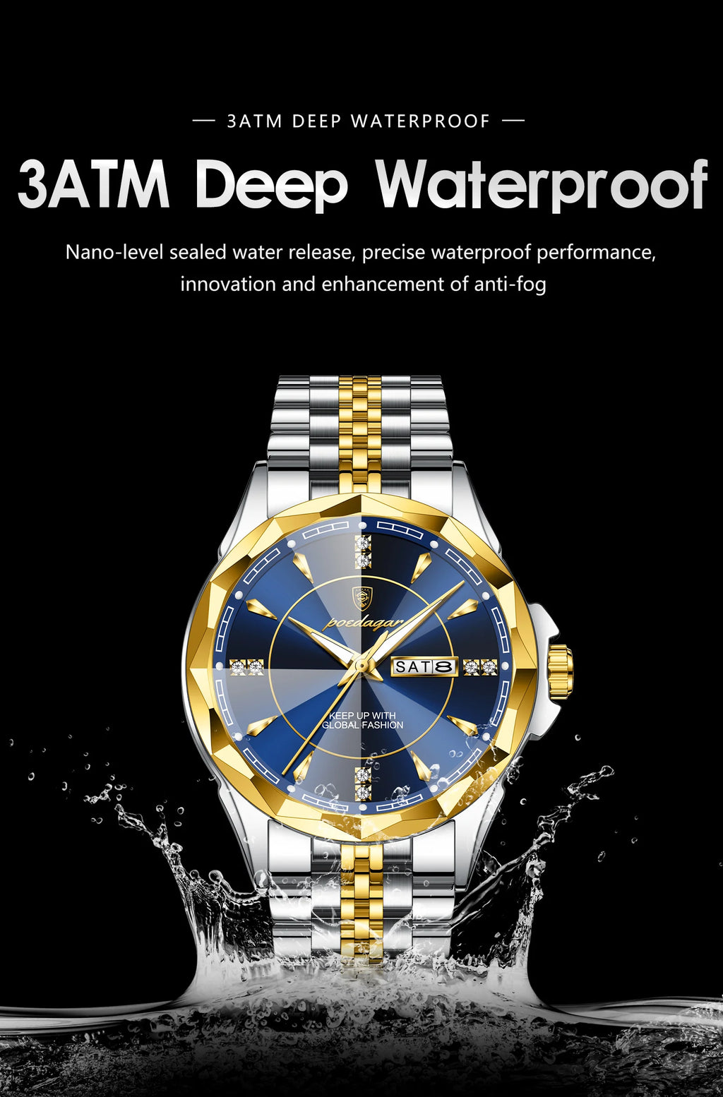 Reloj Analógico de Acero Inoxidable con Cristal Facetado / Reloj de Vestir con Esfera de Contraste Geométrico