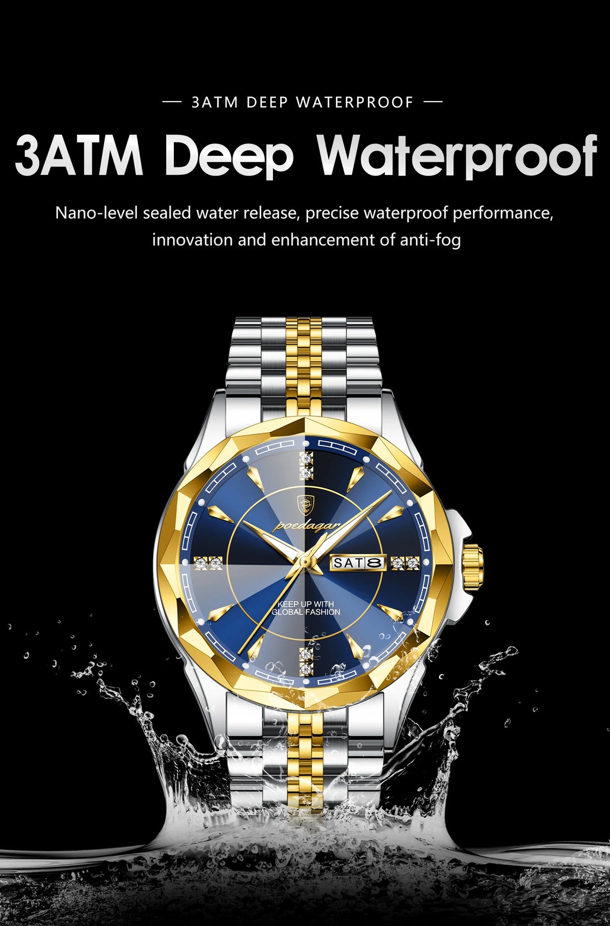 Reloj Analógico de Acero Inoxidable con Cristal Facetado / Reloj de Vestir con Esfera de Contraste Geométrico