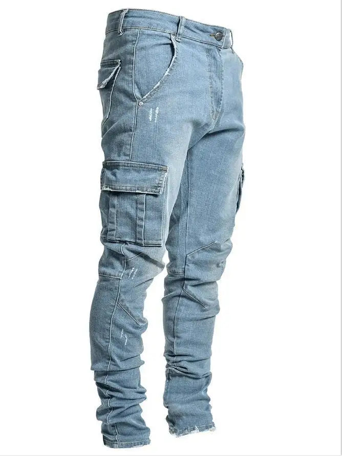 Vaqueros Elásticos Tipo Cargo con Bolsillos Laterales / Jeans Slim Fit con Diseño Cargo para Hombre