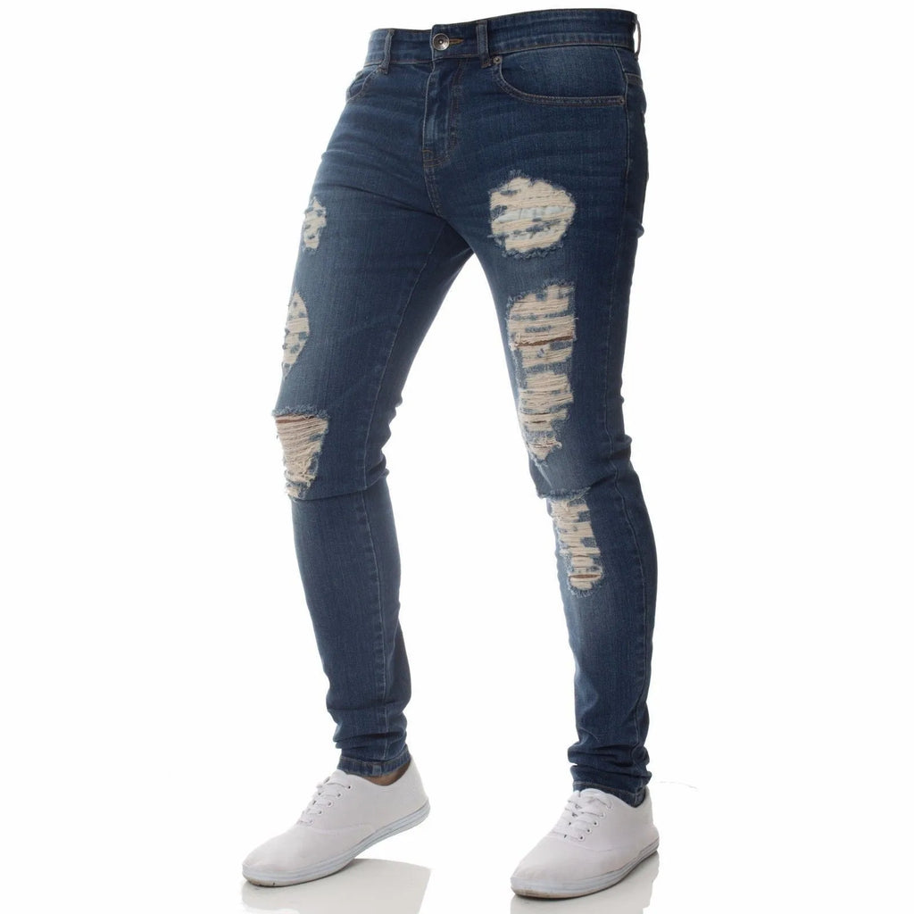 Vaqueros Slim Fit Deslavados con Rotos en las Rodillas / Jeans Ajustados Estilo Destruido Callejero