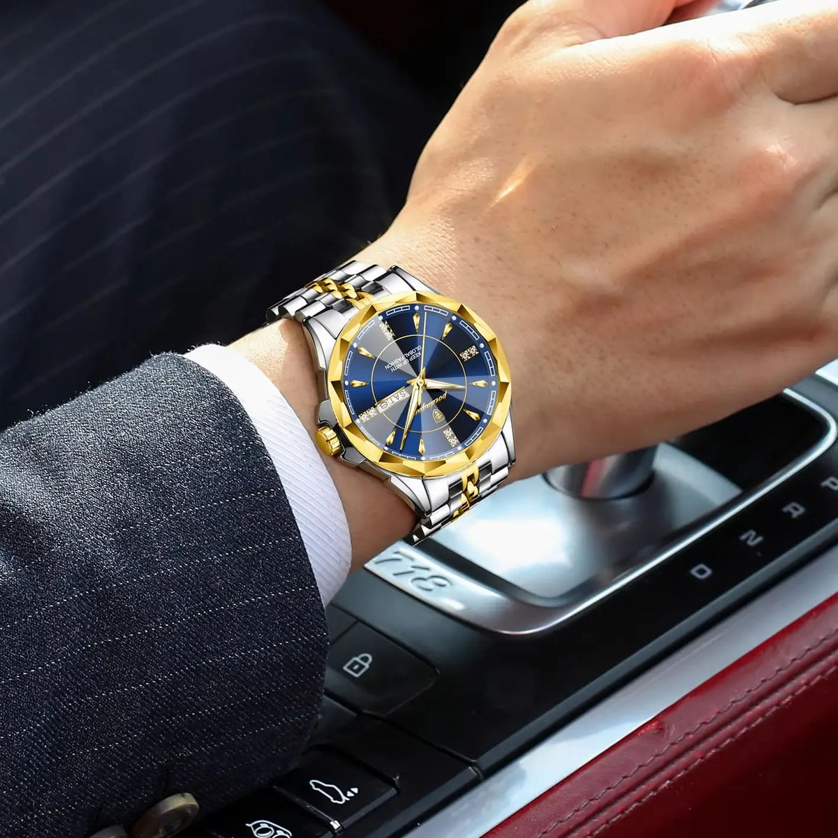 Reloj Analógico de Acero Inoxidable con Cristal Facetado / Reloj de Vestir con Esfera de Contraste Geométrico