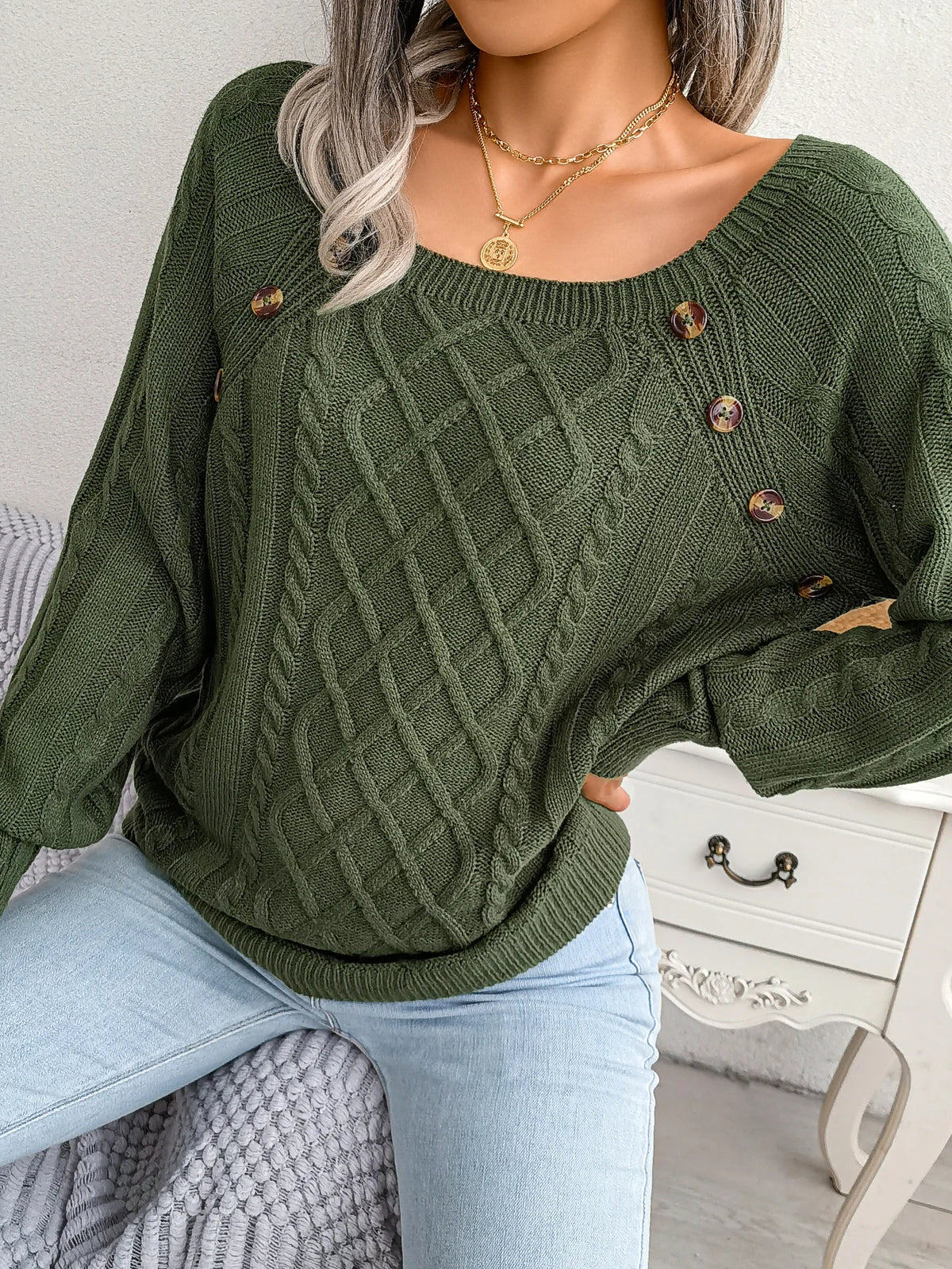 Suéter de Punto de Ocho con Botones en el Hombro para Mujer