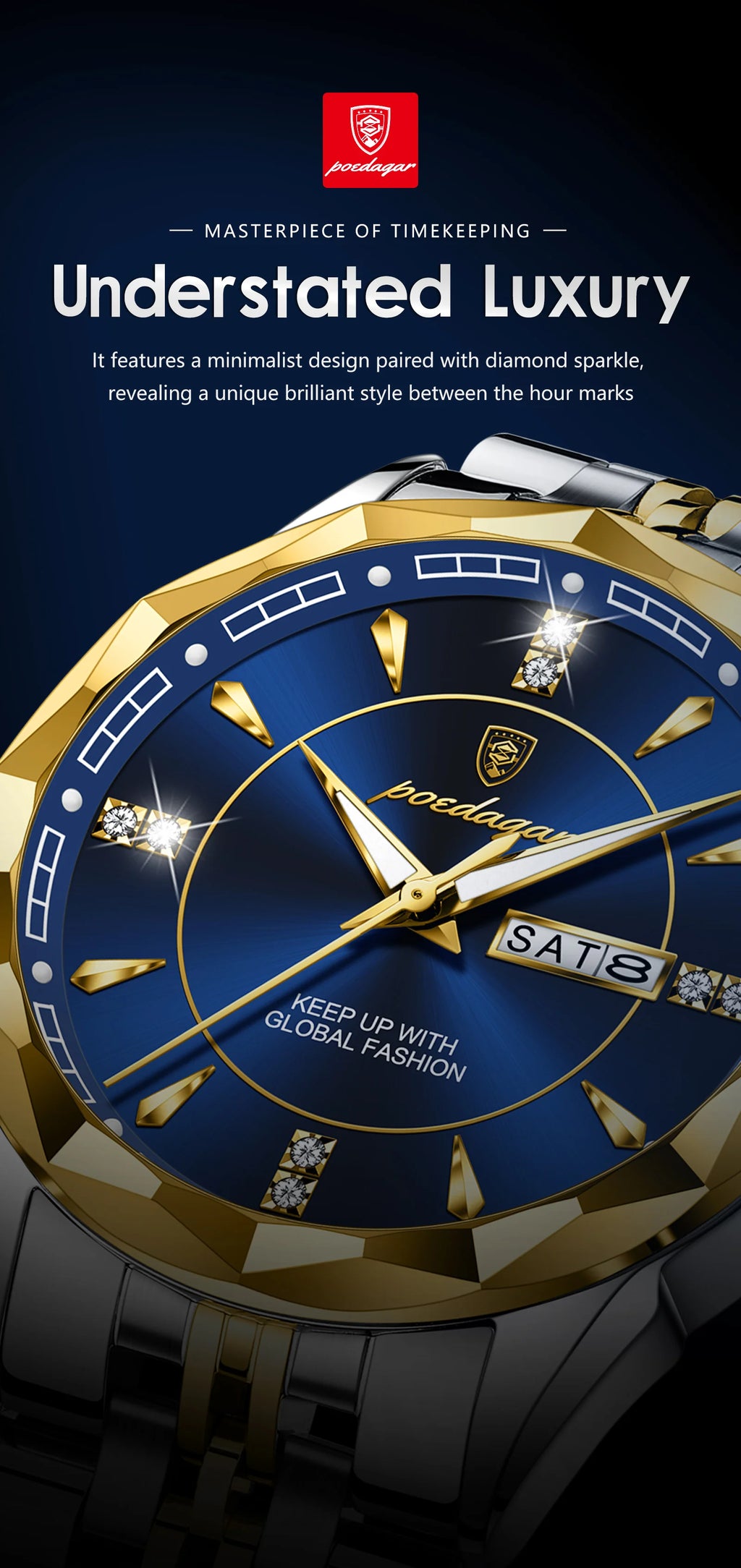 Reloj Analógico de Acero Inoxidable con Cristal Facetado / Reloj de Vestir con Esfera de Contraste Geométrico