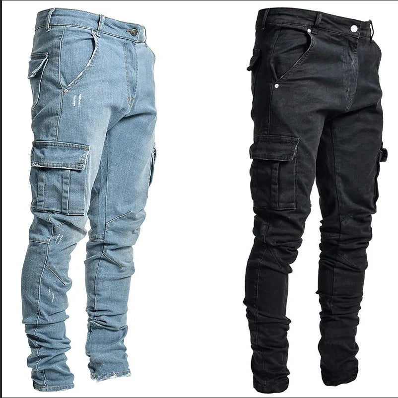 Vaqueros Elásticos Tipo Cargo con Bolsillos Laterales / Jeans Slim Fit con Diseño Cargo para Hombre