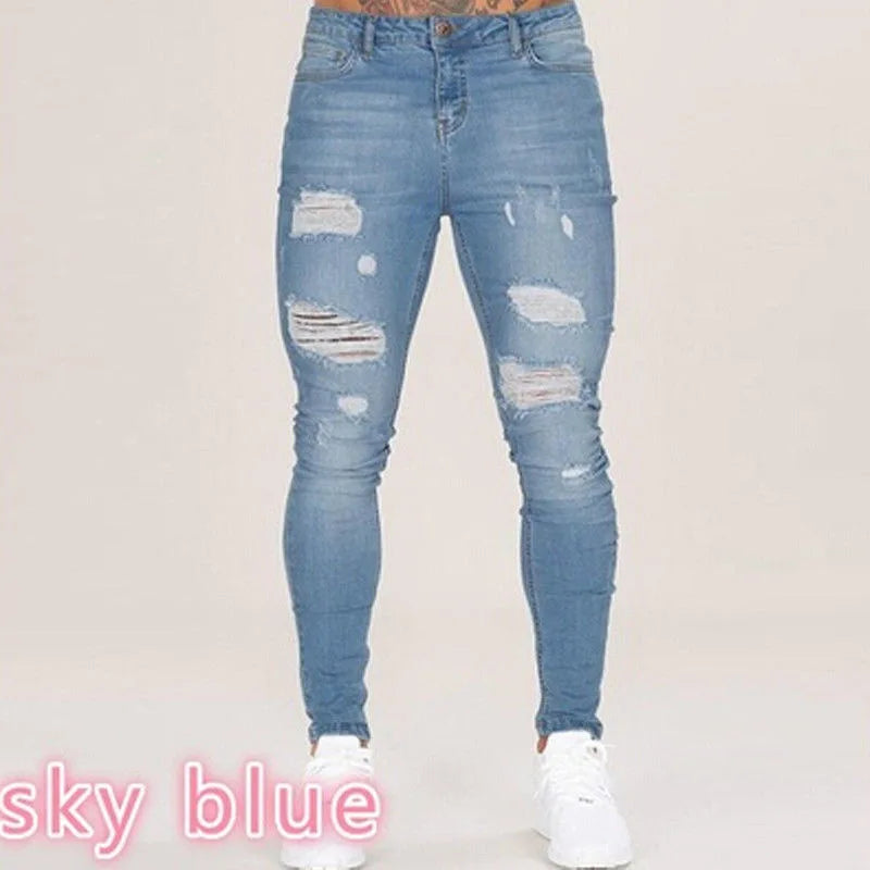 Vaqueros Slim Fit Deslavados con Rotos en las Rodillas / Jeans Ajustados Estilo Destruido Callejero