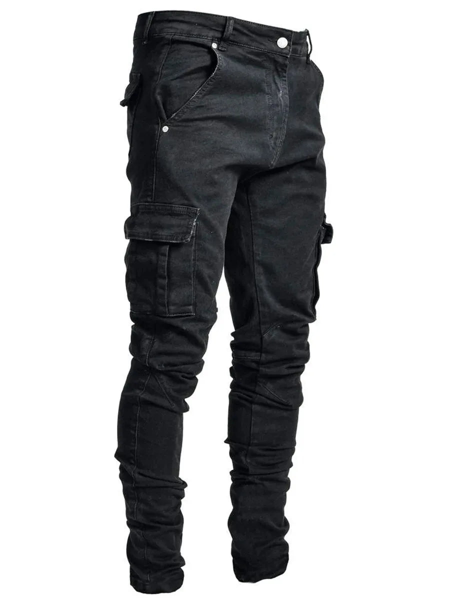 Vaqueros Elásticos Tipo Cargo con Bolsillos Laterales / Jeans Slim Fit con Diseño Cargo para Hombre