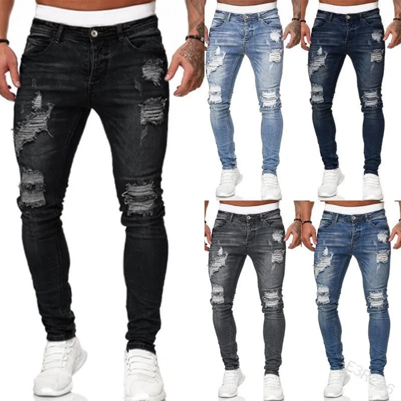 Vaqueros Slim Fit Deslavados con Rotos en las Rodillas / Jeans Ajustados Estilo Destruido Callejero