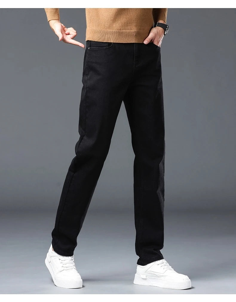 Vaqueros Rectos Elásticos de Algodón Confort / Jeans Básicos de Cintura Ajustable para Hombre